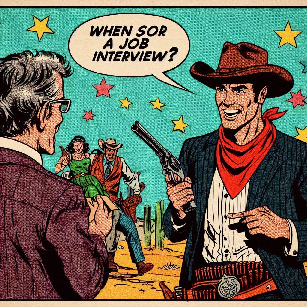 un cowboy de cinéma en BD qui passe un entretient d'embauche
