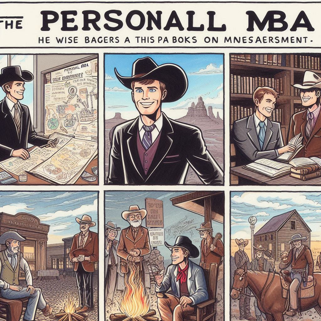 "Le Personal MBA du Cowboy"
Image 1 : Un cowboy avec une carte, regardant l'horizon.
Image 2 : Le cowboy dans une bibliothèque, découvrant le livre "Personal MBA".
Image 3 : Le cowboy autour d’un feu, lisant des livres sur la gestion.
Image 4 : Le cowboy discutant avec un sage au bar.
Image 5 : Le cowboy sur un marché, échangeant avec d’autres entrepreneurs.
Image 6 : Le cowboy devant son ranch prospère, souriant avec satisfaction.