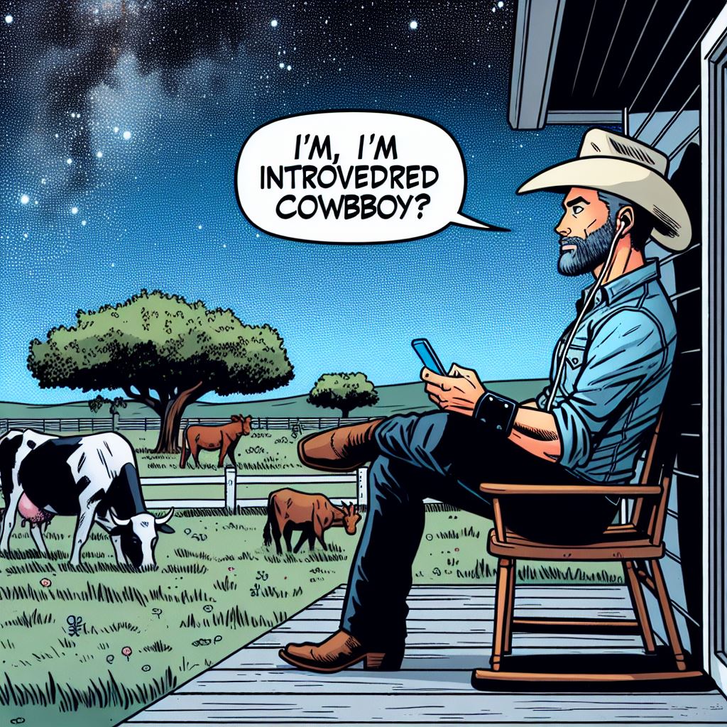 Eli, un cowboy moderne, chevauche paisiblement à travers une prairie, incarnant la tranquillité de l’introversion. En arrière-plan, une ville agitée contraste avec son calme, symbolisant la quête de paix intérieure face au stress du quotidien. Cette image illustre comment les introvertis peuvent trouver force et sérénité dans un monde chaotique, mettant en lumière l'importance de l'espace personnel et de l'introspection.