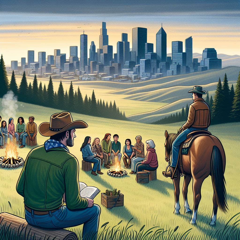Eli, un cowboy moderne, chevauche dans une prairie tranquille, regardant une ville animée au loin. Il tient un carnet où il écrit ses pensées. En arrière-plan, des introvertis se réunissent autour d'un feu de camp, partageant leurs talents et renforçant leur connexion