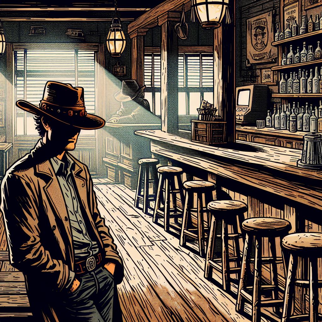 Image de Un cowboy en bande dessinée style année 70 introverti, chapeau sur la tête, dans un saloon poussiéreux