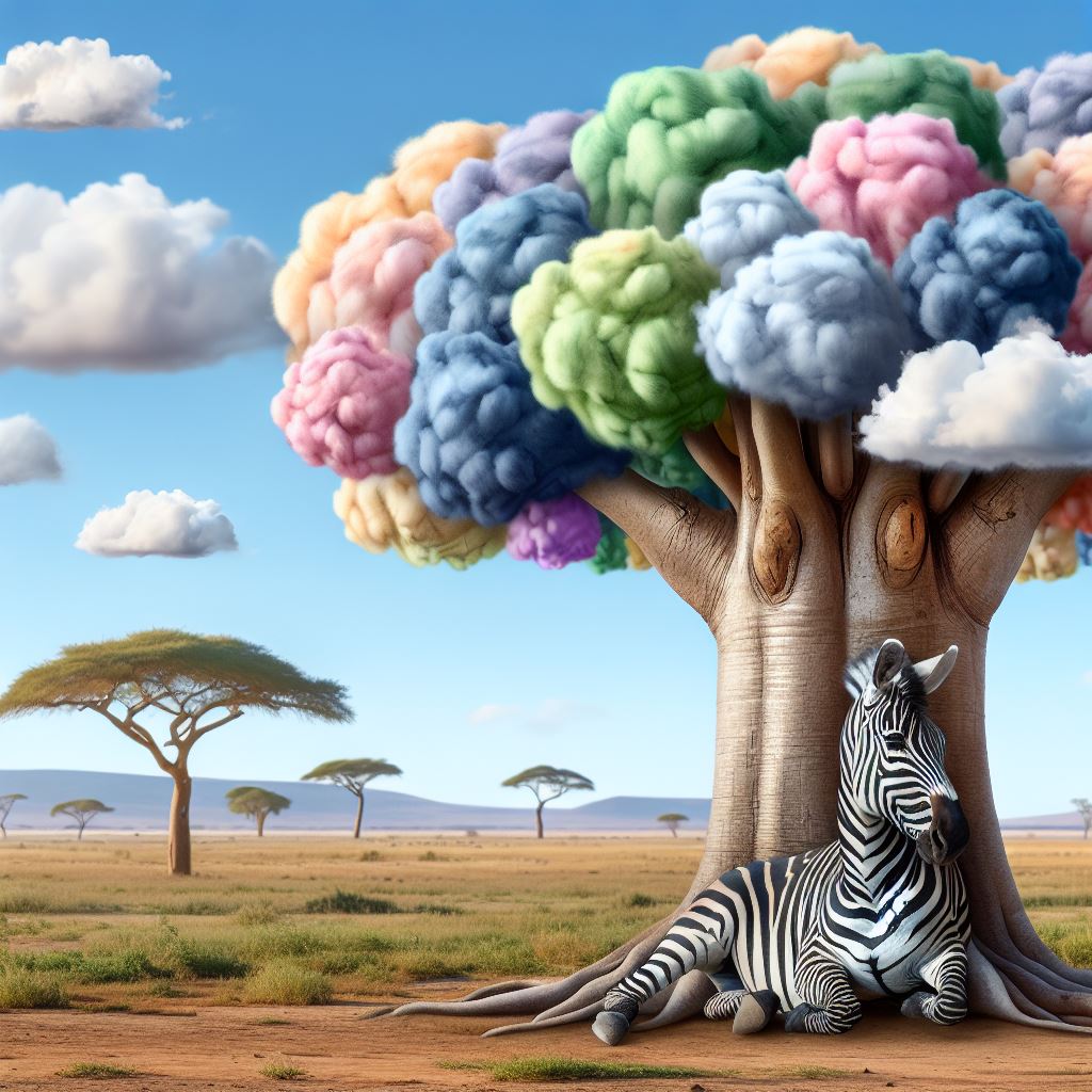 Un zèbre introverti sous un baobab, observant la savane avec un regard rêveur, entouré de nuages de pensées colorés
