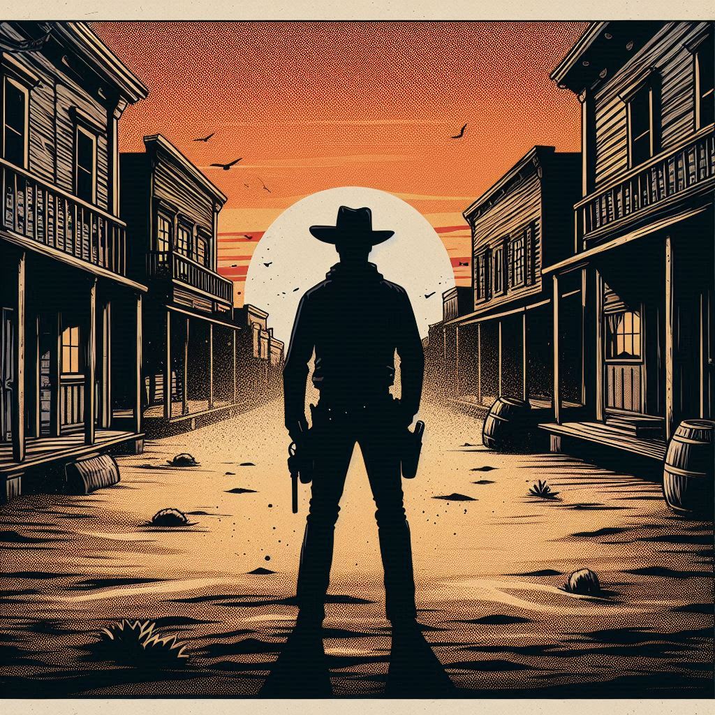 A lone cowboy standing in the middle of a dusty desert town at sunset, his silhouette sharp against the fading light. He wears a wide-brimmed hat, his hand hovering near his holster, facing a distant figure at the other end of the street. The scene is tense, with tumbleweeds rolling by and wooden buildings framing the showdown.