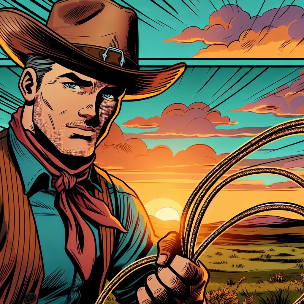 Un cowboy en bande dessinée, avec un chapeau de cowboy et une expression déterminée, tenant un lasso symbolisant la résilience, devant un coucher de soleil sur une prairie