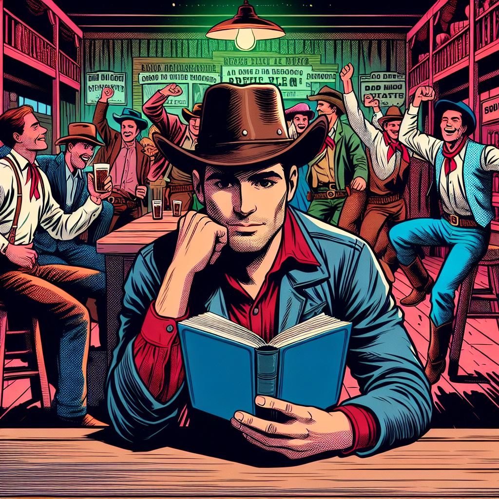 Illustrer un cowboy introverti dans un saloon, assis à une table avec un livre, observant une fête animée en arrière-plan. Style bande dessinée, ambiance western.