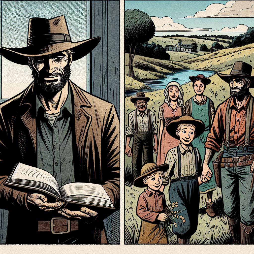 Un cowboy solitaire en bande dessinée, chapeau large, une atmosphère de calme et de détermination. Il tend un livre à une famille de paysan cowboy