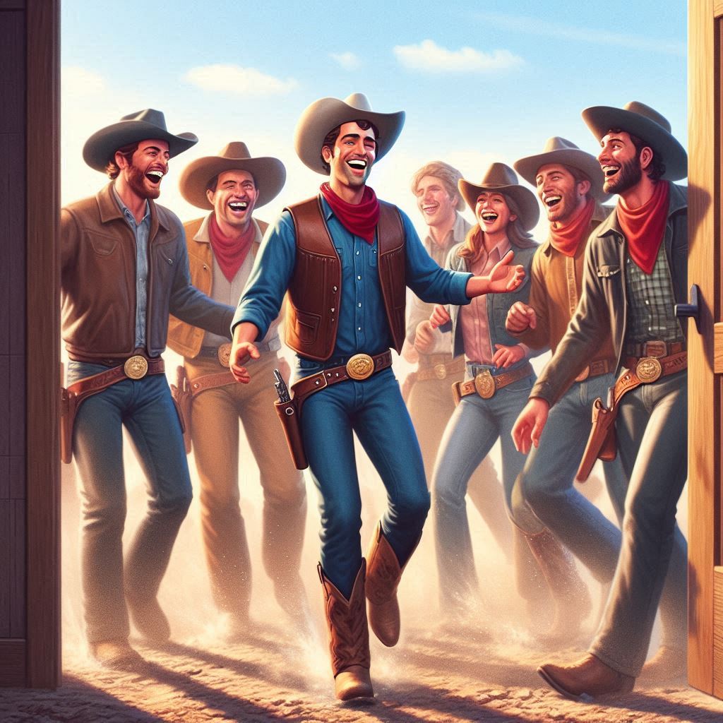 Sam, le cowboy sociable, entre dans le ranch en saluant tout le monde, entouré d’un groupe d’amis qui rient. Un texte dit : « Sam s’épanouit dans la fête, cherchant toujours de nouvelles amitiés. »