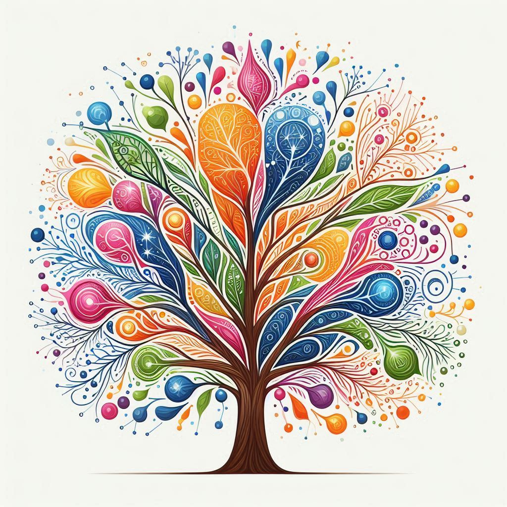 an illustration of a vibrant, interconnected tree representing the concept of 'branching thought' or 'arborescent thinking'. The tree should have a central trunk symbolizing a main idea, with numerous colorful branches extending outward, each branching into smaller twigs and leaves that depict various related ideas.